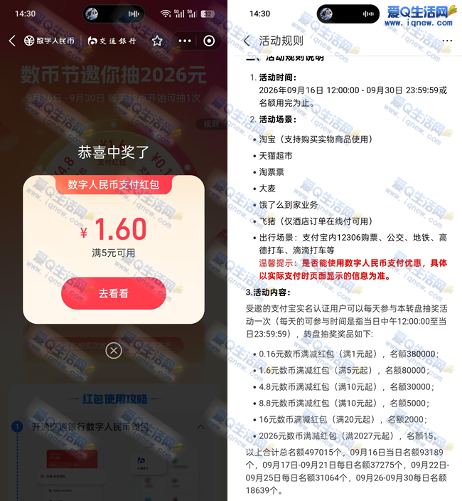支付宝交行数币节抽2026元 亲测1.6元数币红包 - 挖银子